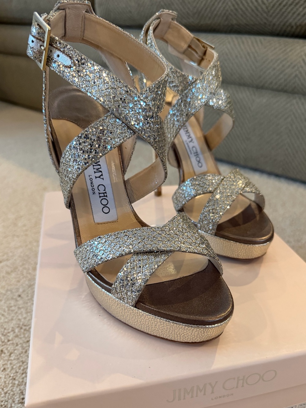 Jimmy Choo Vamp Glitter Champagne Heels Size 37